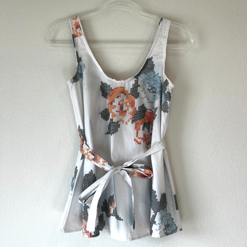 A/X Armani Exchange Floral Top Waist Tie Sleeveless White Orange Tunic Size S